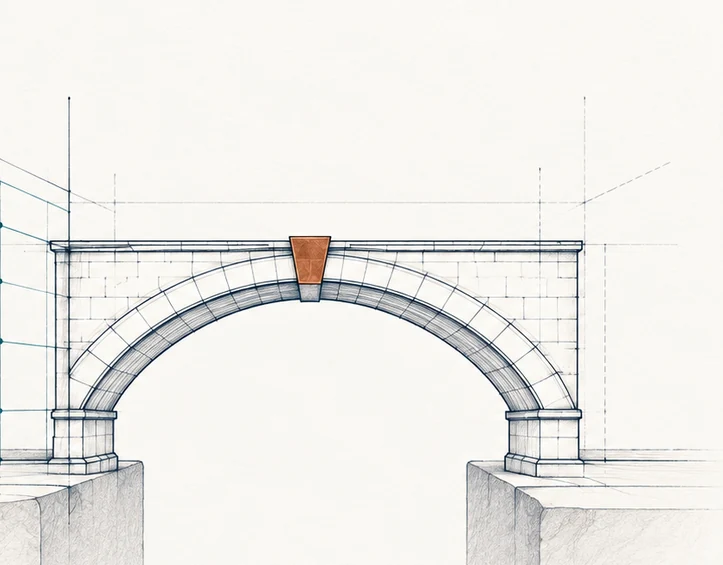 An illustrated bridge connecting two sides through a central keystone.